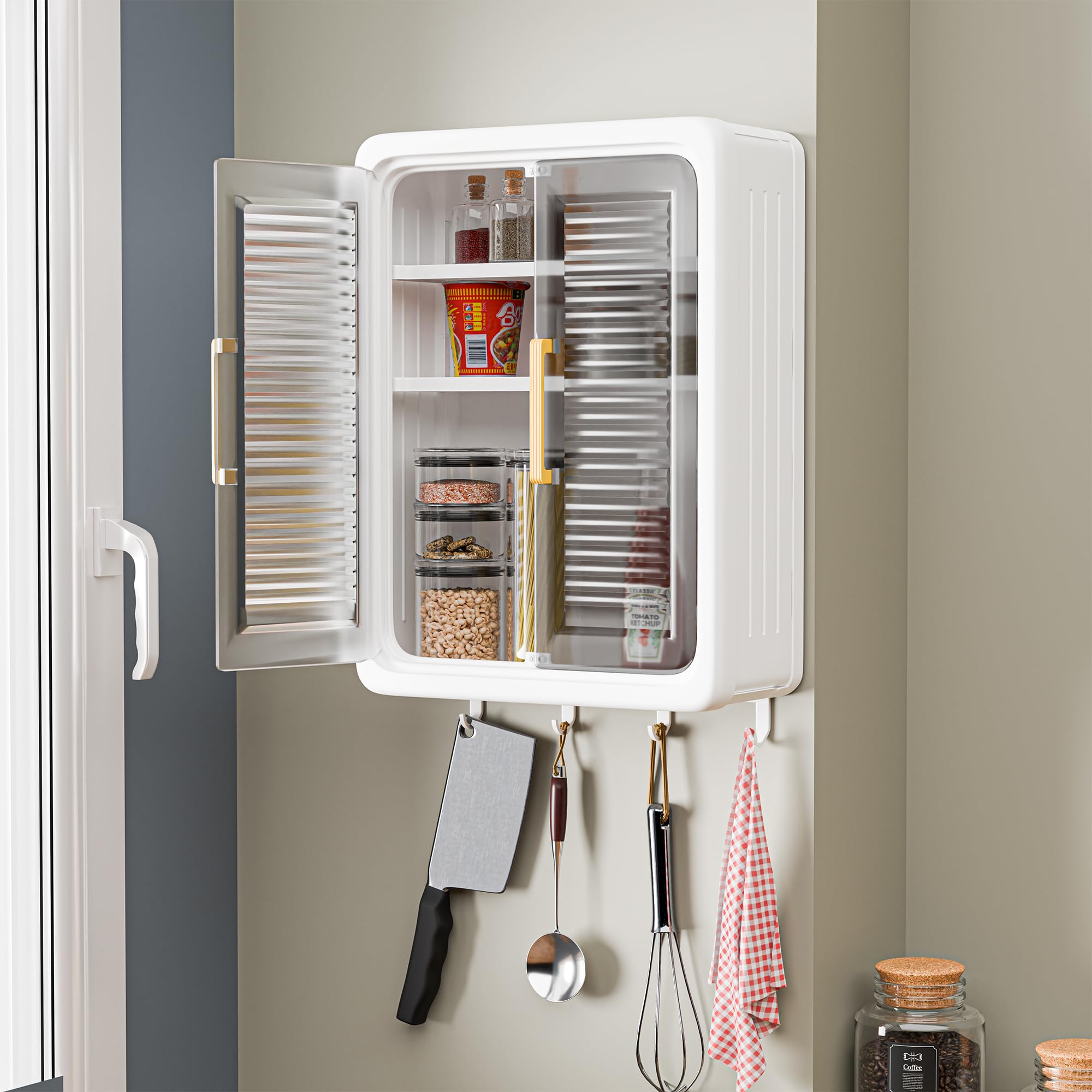 Kuber Industries Plastic Wall Mounted Storage Cabinet for Kitchen and Bathroom Organizer with Adjustable Shelves & Door| Self-Adhesive No-Drill Bathroom Cupboard | Black & White-picture-10
