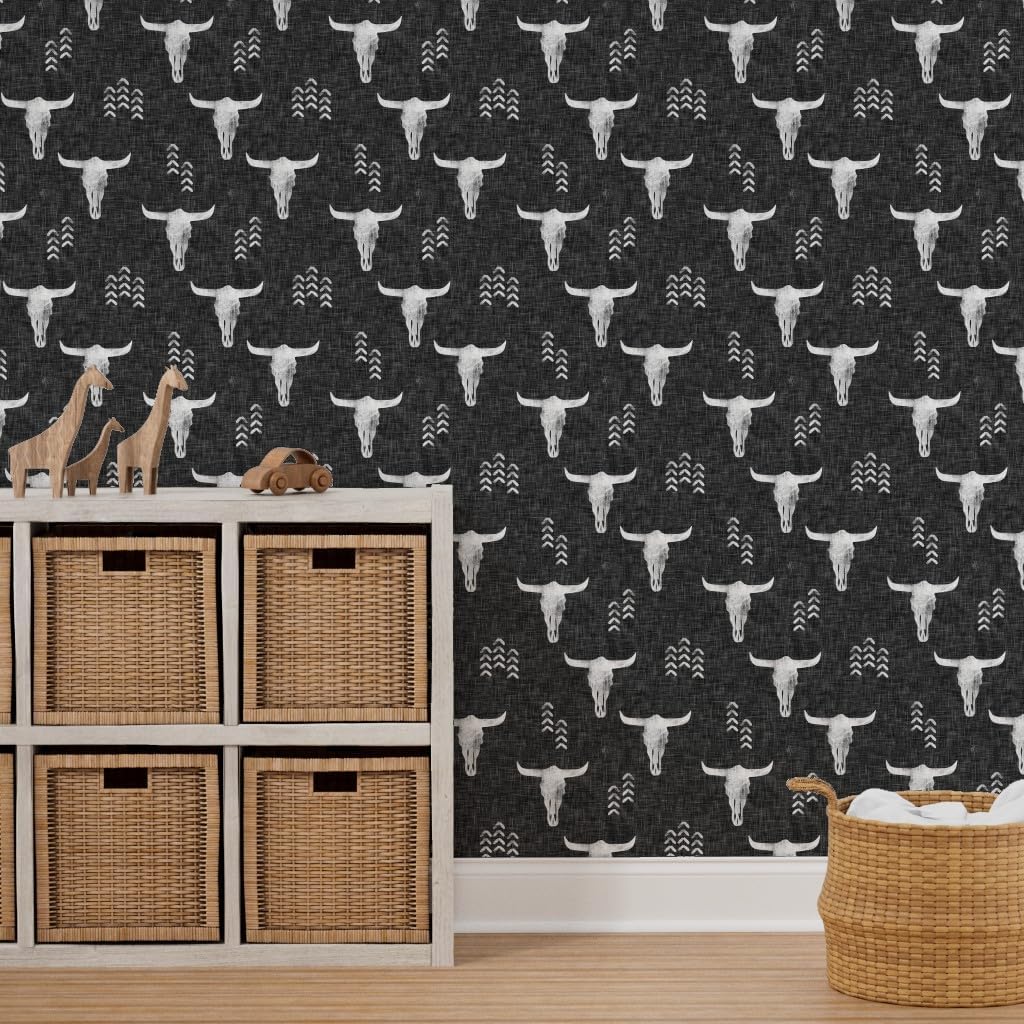 Removable Wallpaper 6ft x 2ft - Desert Skulls Boho Southwest Inspired Bull Cow Gray Bohemian Custom Pre-Pasted Wallpaper by Spoonflower