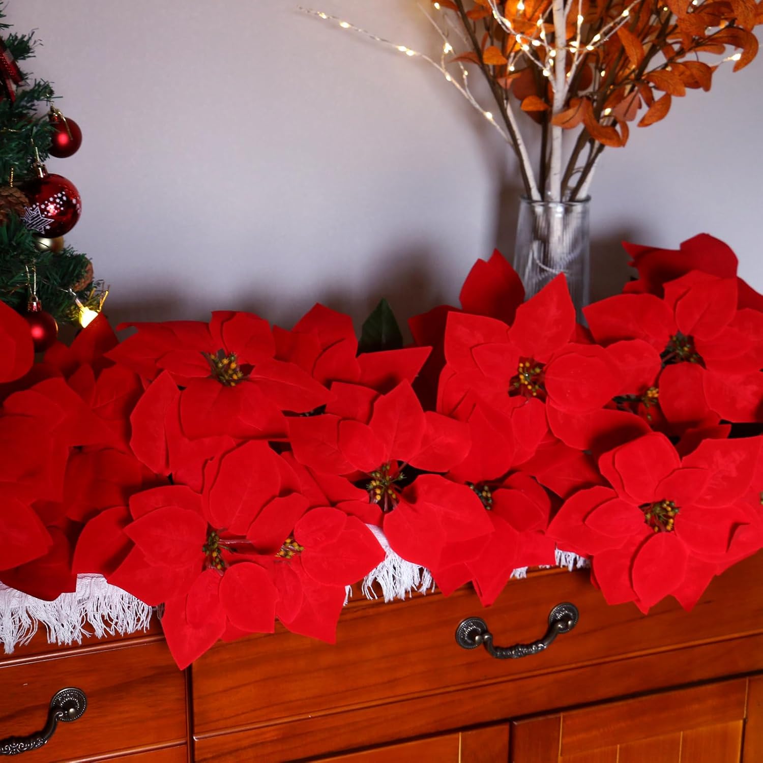 8 Pack Bulk Christmas Artificial Poinsettia Flowers Stem Bouquets Outdoors with 40pcs 8.2 Inch Red Poinsettia Flowers Heads for Christmas Tree, Xmas Garland, Vase, Window Box, Porch Decorations