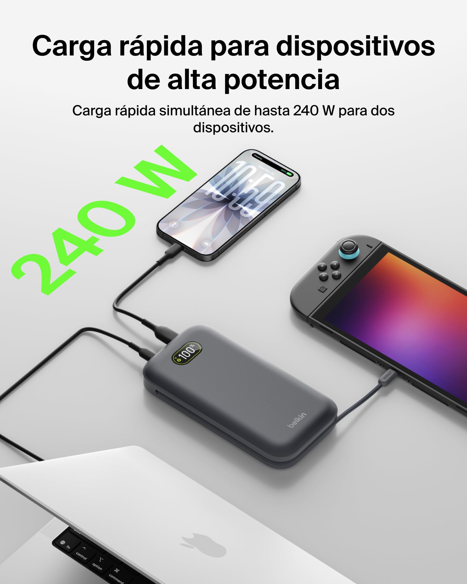 Belkin UltraCharge Pro Batería Externa Carga Rápida 27000mAh, Power Bank Con Cable USB C Integrado, USB PD De 240 W y USB A, Batería Portátil para MacBook Pro, iPhone, iPad, Galaxy, Pixel, Gris Carbón