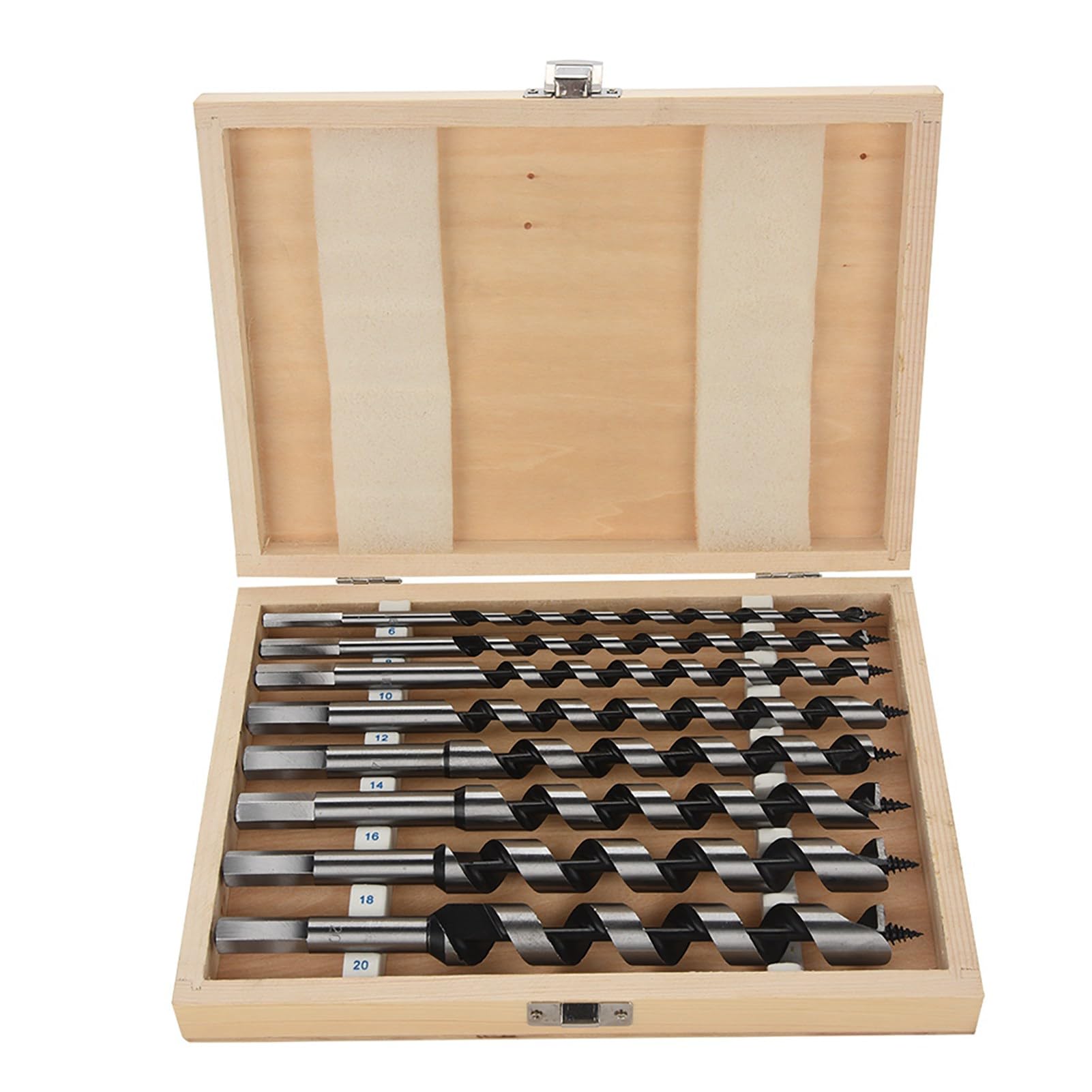 Ensemble de 8 forets à bois hélicoïdaux en acier au carbone, mèches à tarière hexagonale diamètres 6-20 mm, longueur 23 cm, avec coffret de rangement en bois