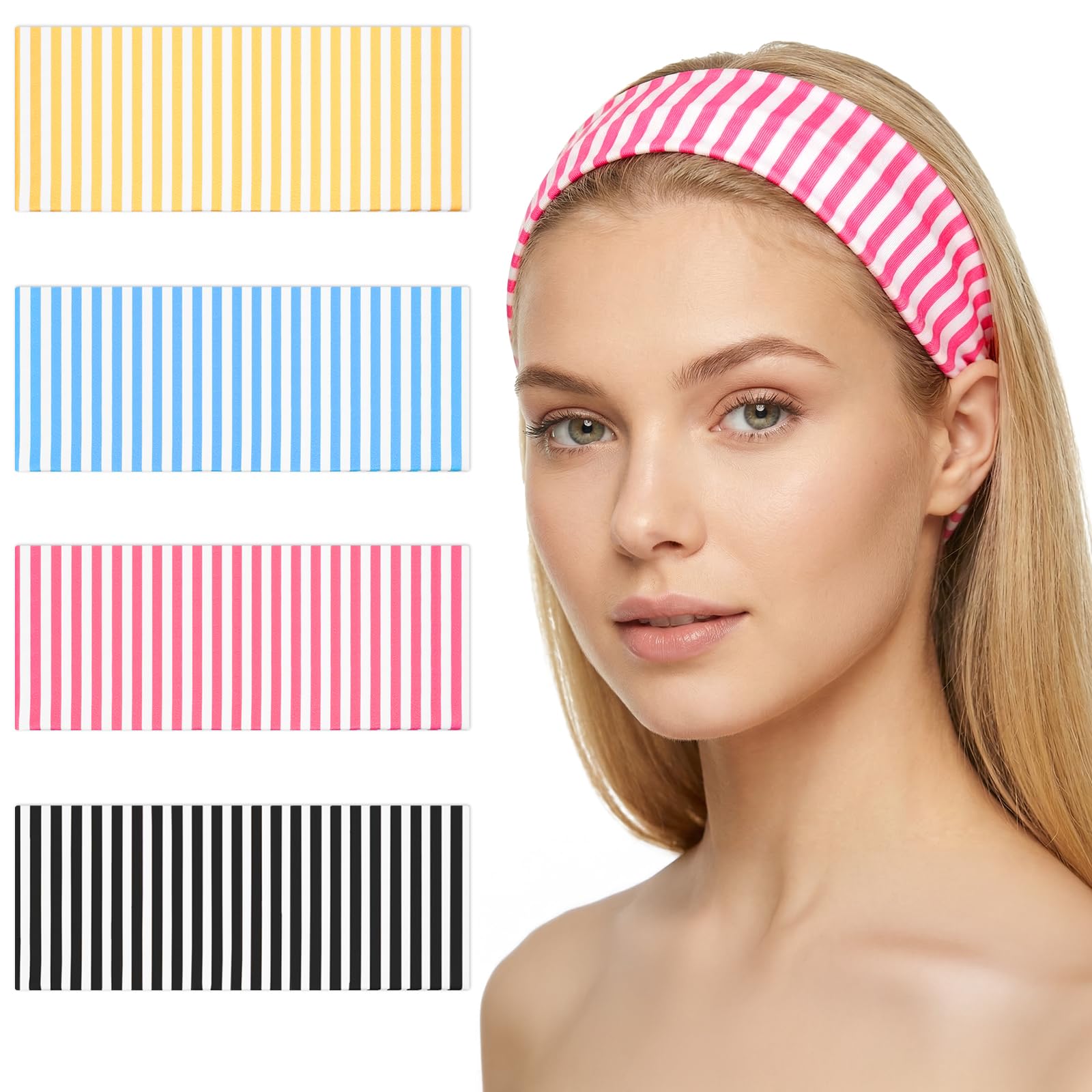 4 Pack Striped Headbands for Women Wide Weave Elastic Stretchy Thick Striped Non-Slip Hair Accessories for Workout Yoga Running Sports-image-24