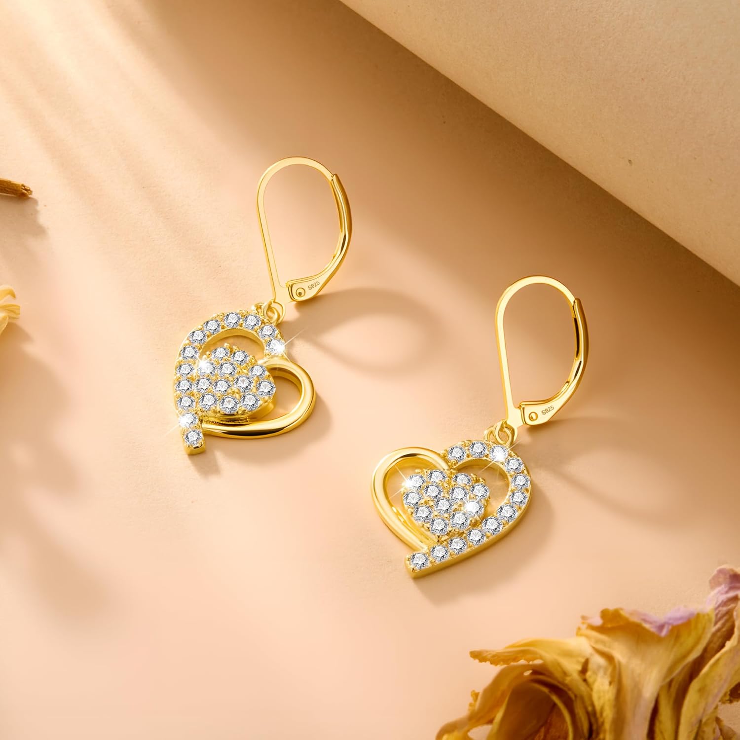 ALEXCRAFT 925 Sterling Silver/14K Gold Plated Heart Dangle Earrings Hypoallergenic Sparkly Cubic Zirconia Earrings for Love Valentines Christmas Gifts - Image 4