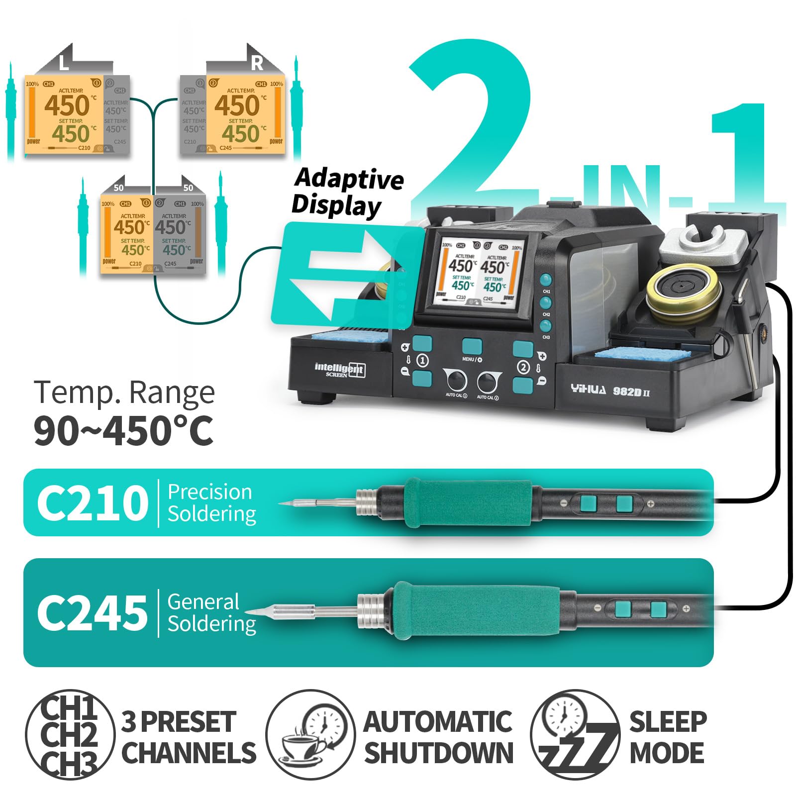 YIHUA 982D-II 2-EN-1 Estación de Soldadura Digital de Precisión Soldador estaño con soldadores de precisión C210 y C245, Calibración Automática, Pantalla Adaptativa, Calentamiento Rápido