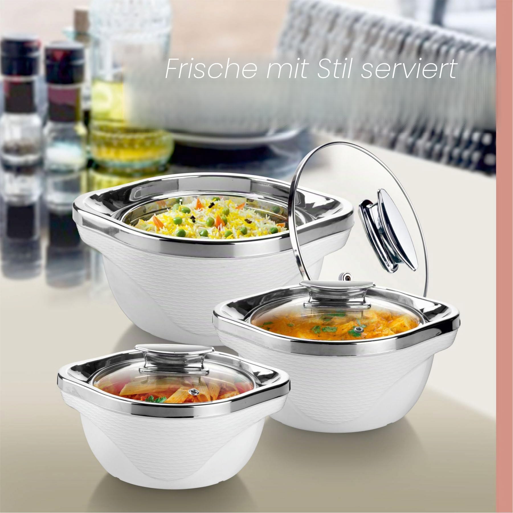 SIGNORA WARE Große isolierte Auflaufform mit Deckel, 3er-Set, Edelstahl-Heißtopf, Speisenwärmer, Kühler, Thermo-Suppen-/Salat-Servierschüssel, Edelstahl-Behälter für heiße Speisen, bestes Geschenk-Set