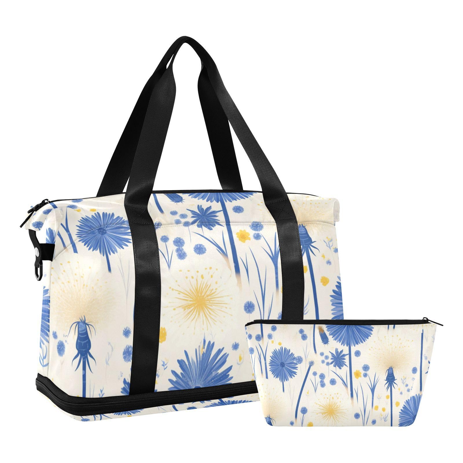Borsa da palestra blu bianca con fiore di tarassaco chic con tasca bagnata tracolla regolabile borsa da palestra per escursionismo grande capacità per uomini donne