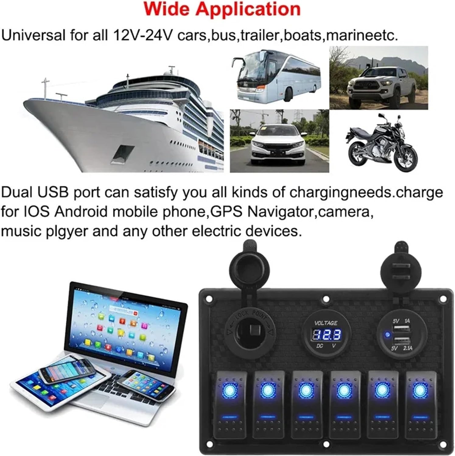 24V 12V 6 Buttons Switch Panel with Digital Voltmeter Tester USB Chargers 3.0 Light Toggle Car Power Adapter Marine Boat Caravan(6lian-3A)