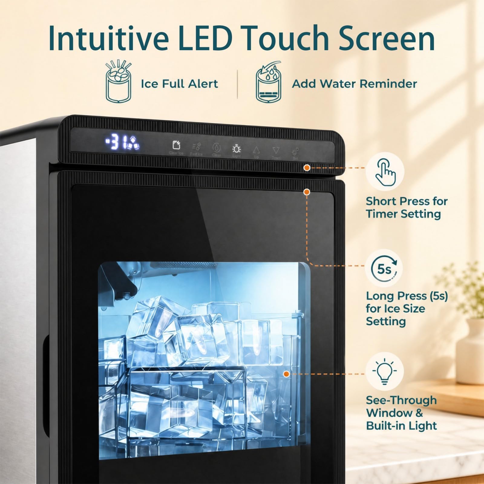 Lifezeal - Máquina de hielo transparente de 12 kg/24 h, máquina de hielo de encimera, fábrica de hielo cuadrado de 4 cm de hierro fundido lento con temporizador de 24 horas, limpieza automática para