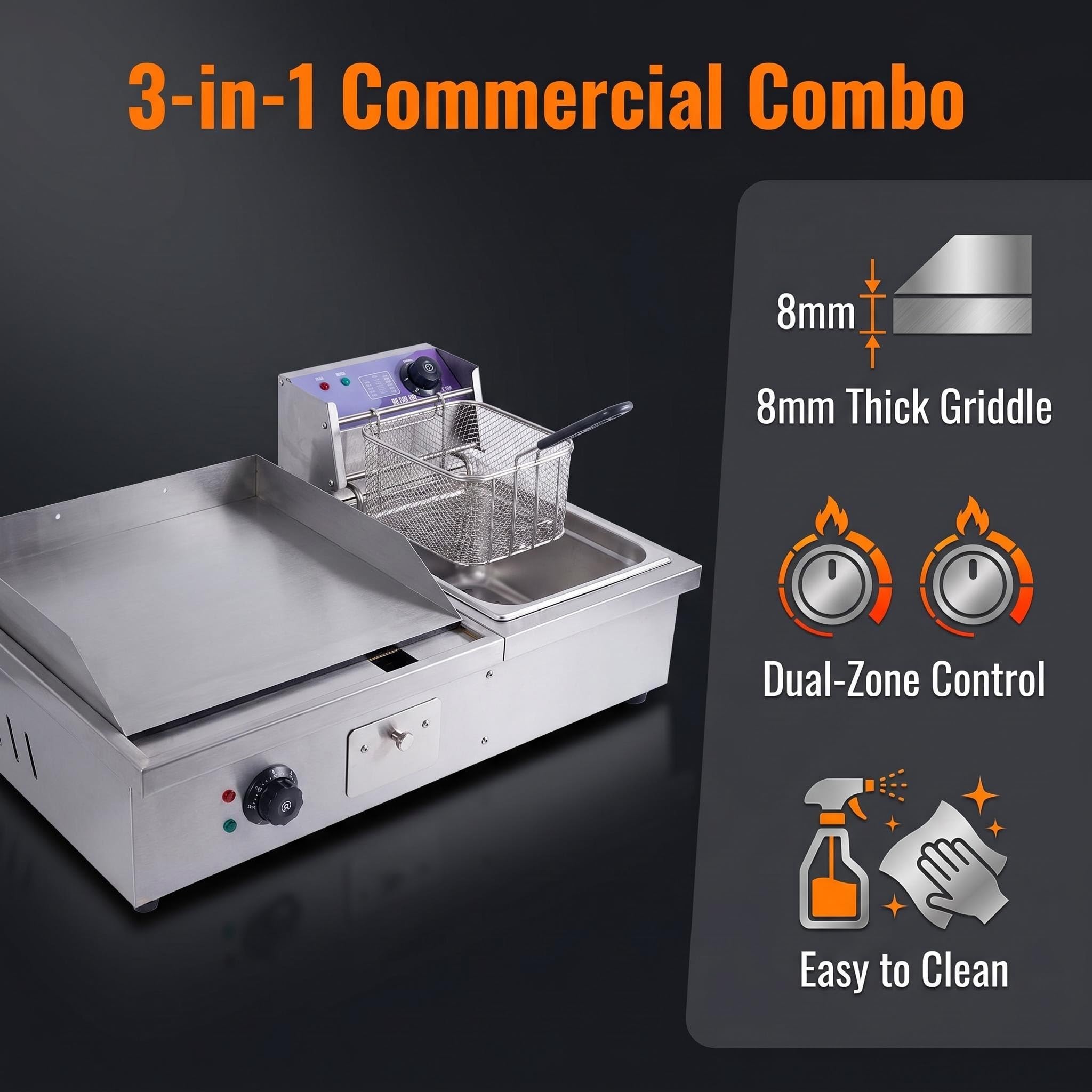 Combinato Piastra Griglia e Friggitrice Elettrica 2 in 1 Professionale, Piastra Maciza Inox 8mm Doppio Termostato Indipendente, Attrezzatura Alimentare per Chiosco Ambulante Feste in Giardino