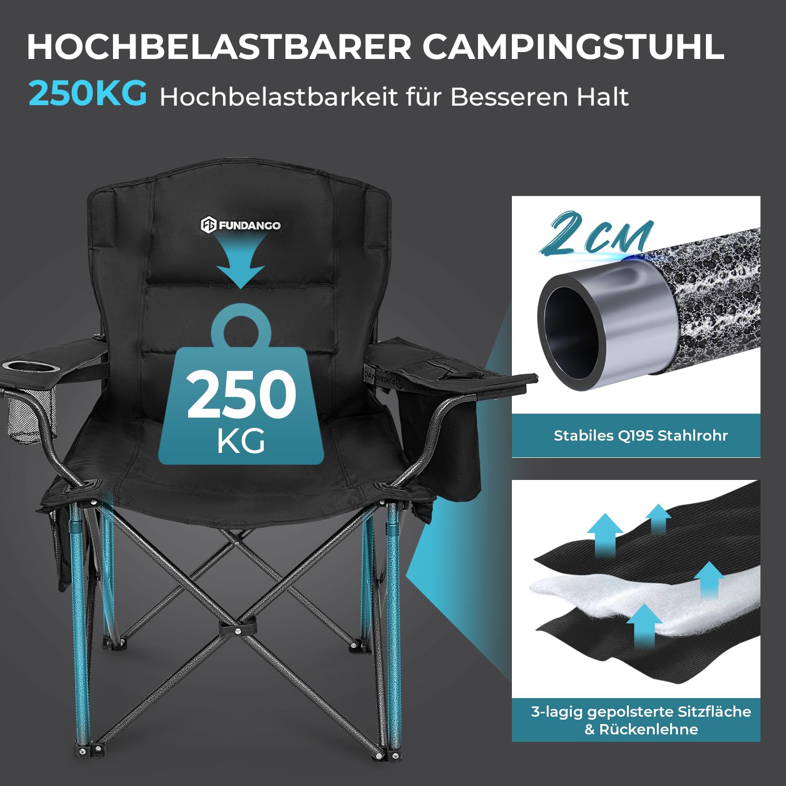 FUNDANGO Campingstuhl Faltbar 250KG Übergroßer Camping Stuhl Gepolster mit Verstellbarer Rückenlehne, Klappstuhl Camping mit Getränkehalter & Kühltasche XXL Angelstuhl Outdoor Stuhl, Schwarz/Grau