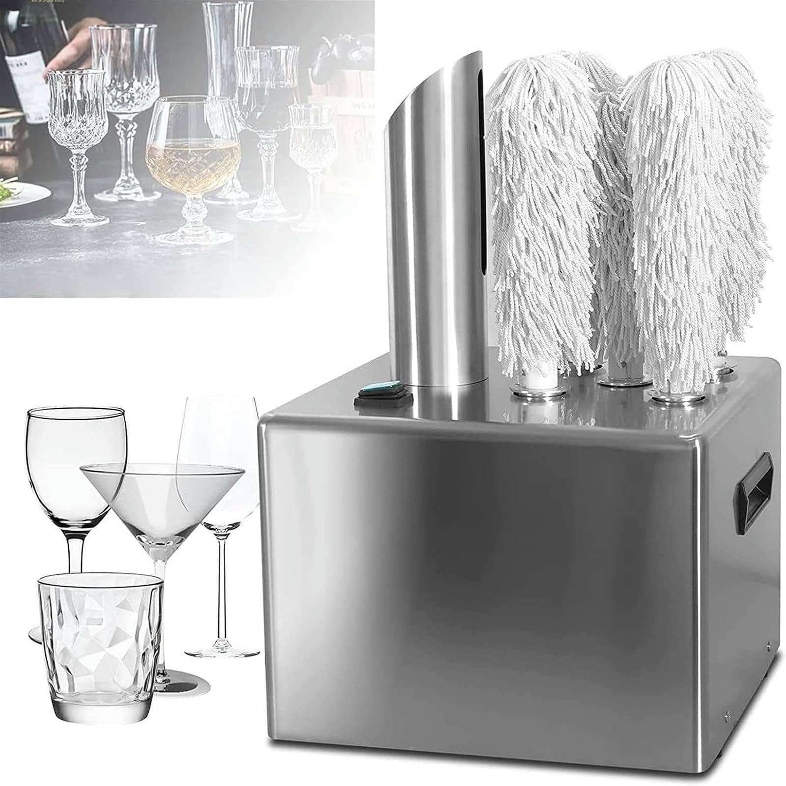 Pulidora de vidrio para vino comercial, 1350 W, lavadora eléctrica de vidrio para hoteles y bares, enjuague automático de vidrio, 5 cepillos de limpieza, lavar hasta 330 tazas por hora