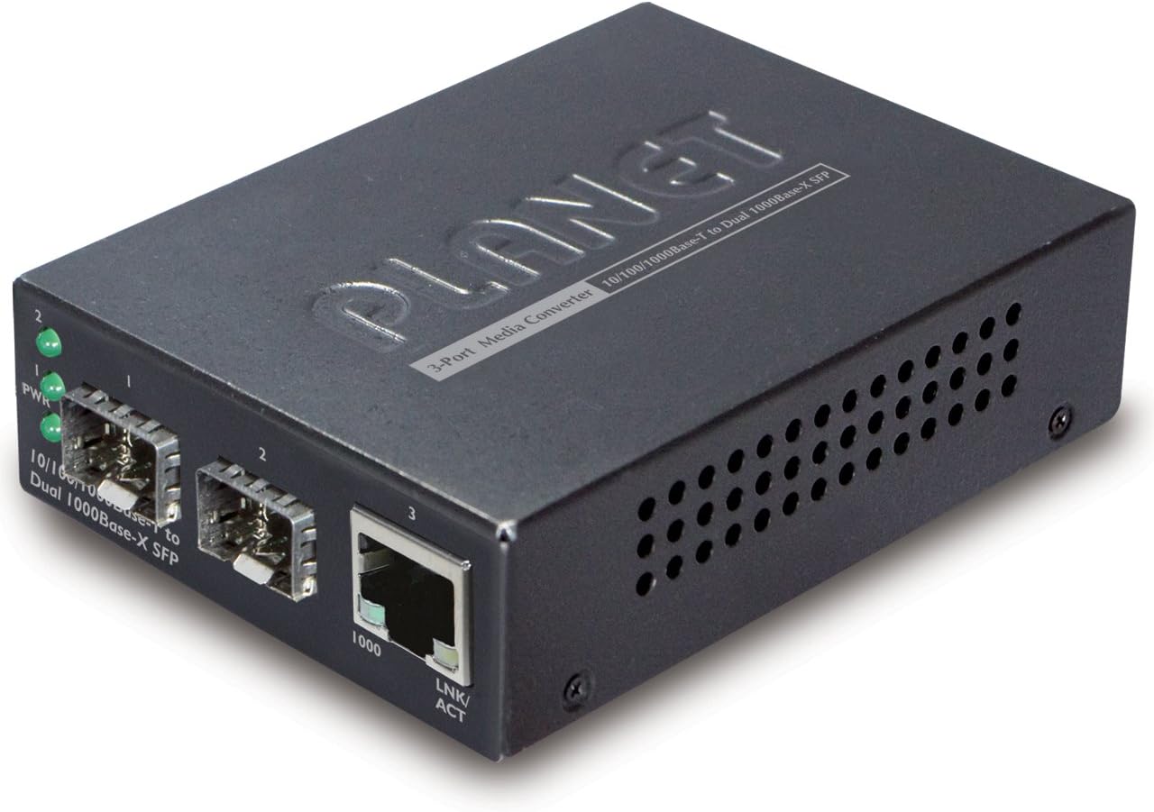 Planet GT-1205A 1-Port 10/100/1000Base-T to 2-Port 1000FX (SFP) DIP Switch Black Switch Media Converter