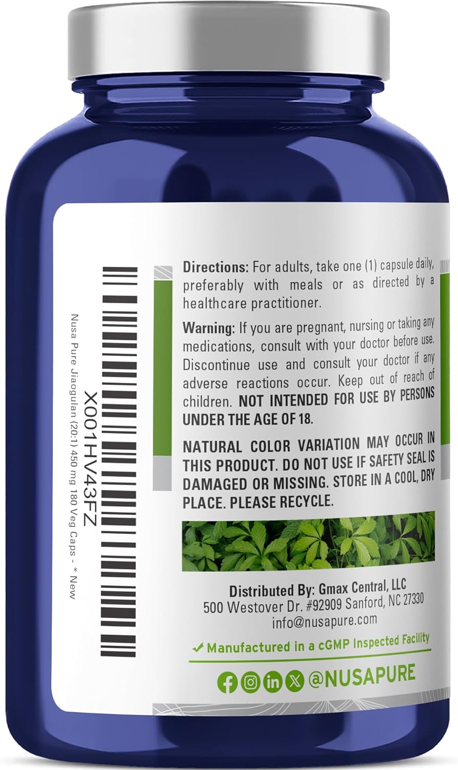 NusaPure Jiaogulan 20:1 Extract, 450 mg Equivalent to 9,000mg 180 Veggie Capsules (Vegetarian, Non-GMO, Vegan) Gynostemma Pentaphyllum - Image 3