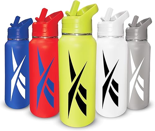 Reebok Botella de agua de acero inoxidable con tapa de popote y diseño atlético, 32 onzas, botella de agua deportiva aislada al vacío de doble pared disponible en Yaxa Peru