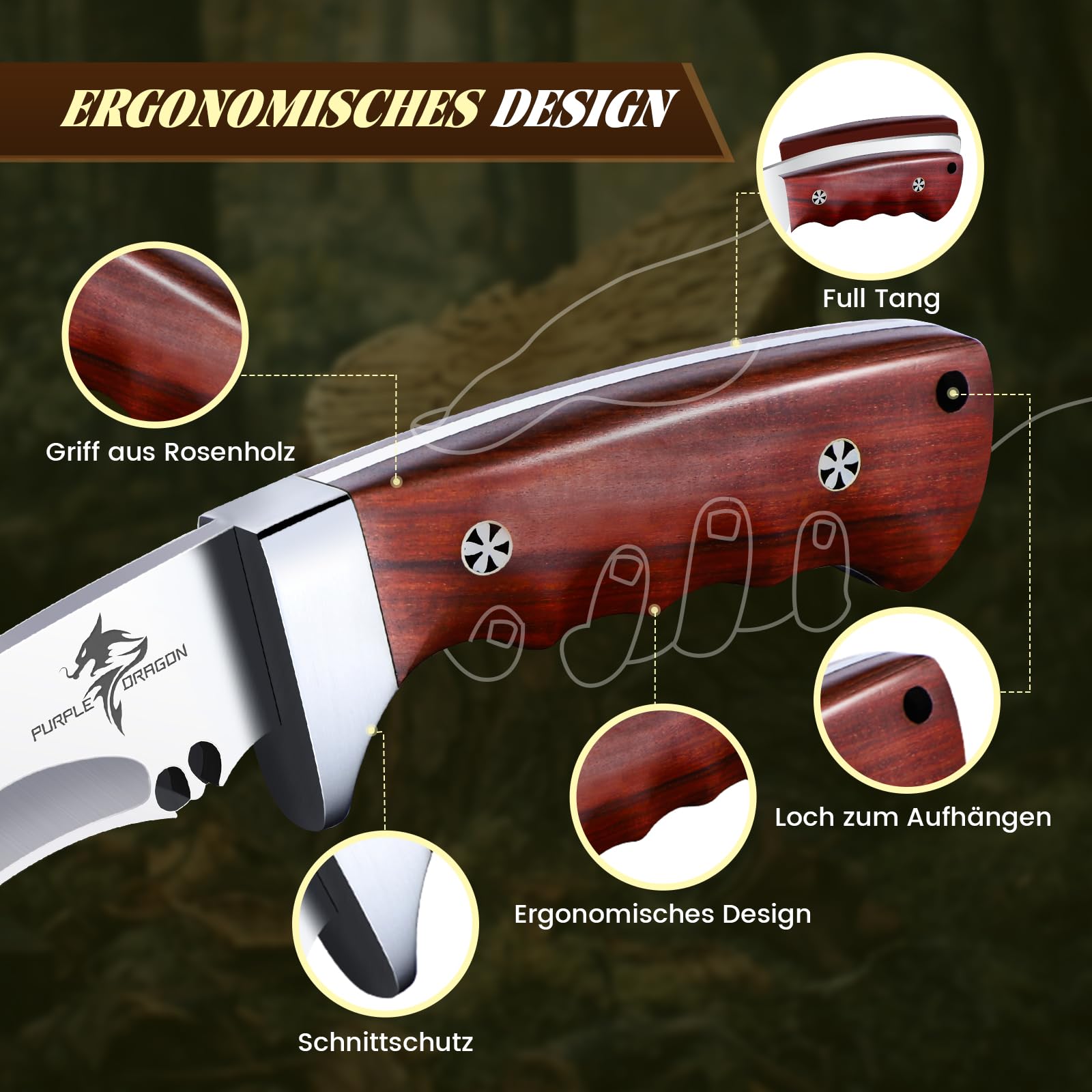 Purple Dragon Coltello Grande con Fodero - Lama Fissa - Affilata Lama da Campeggio con Impugnatura in Legno Tang Pieno per Uomini