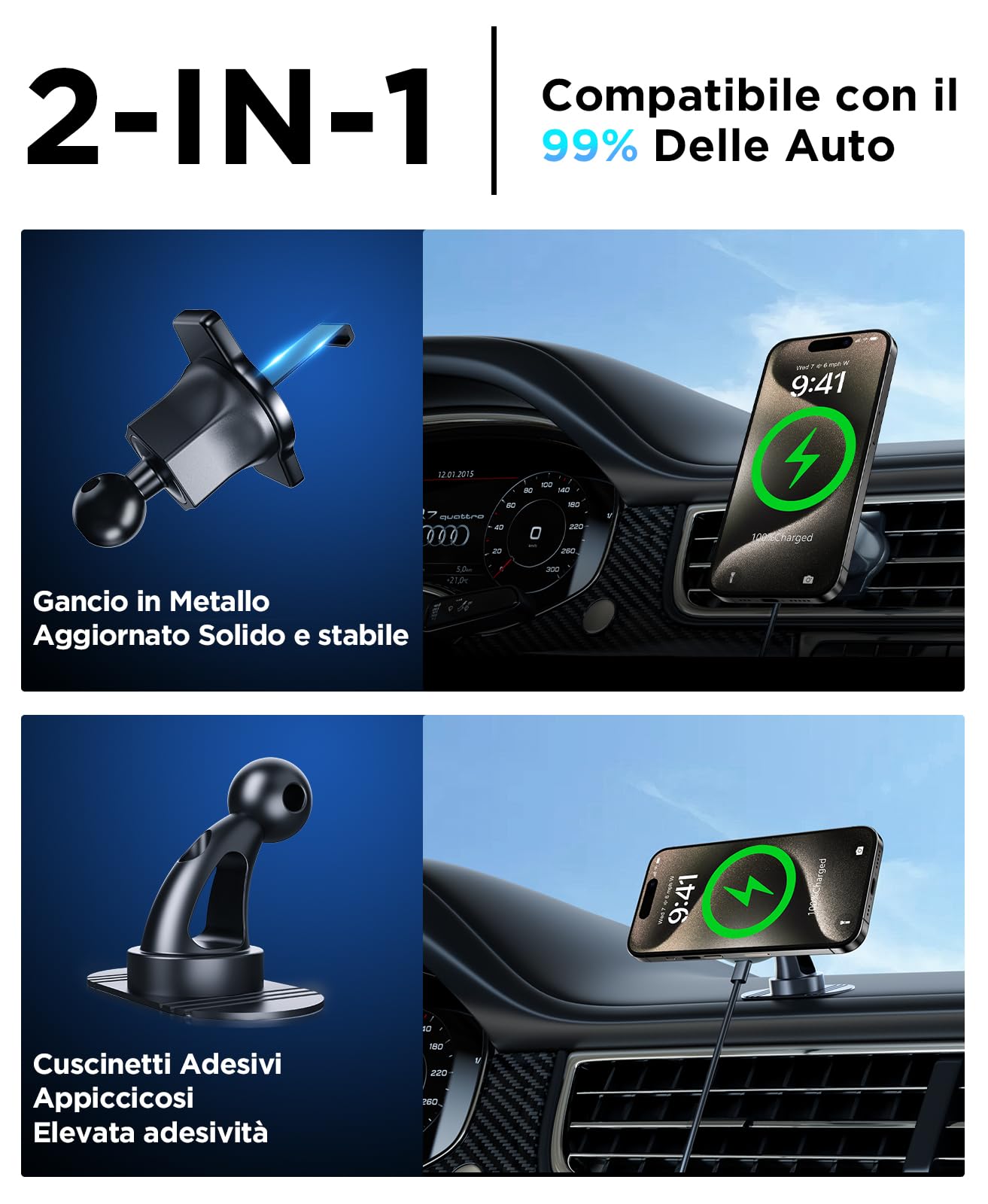 Beeasy 15W Magnetico Caricatore Auto Wireless, 2 In 1 MagSafe Auto Ricarica Wireless, Vent/Cruscotto Porta Cellulare Auto Magnetico per iPhone 17 16 15 14 13 12 Pro Max Plus Mini