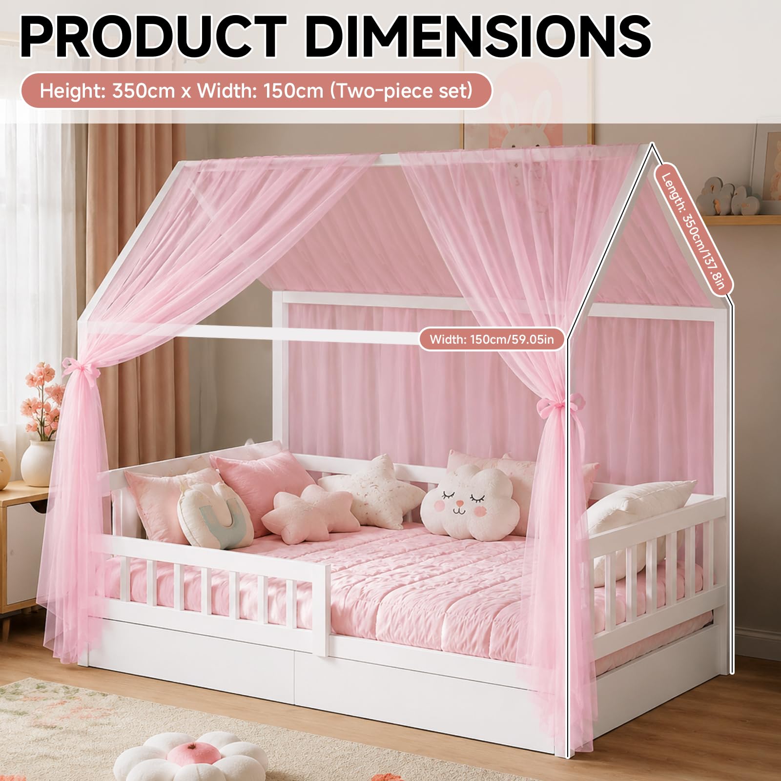 Betthimmel für Hausbett, 2 Stück Kinderzimmer Himmel 350x150cm, Hausbett Himmel aus Baumwoll-Musselin, Weich und Atmungsaktiv, Deko und Verschönerung für Jungen- und Mädchenbett, Rosa