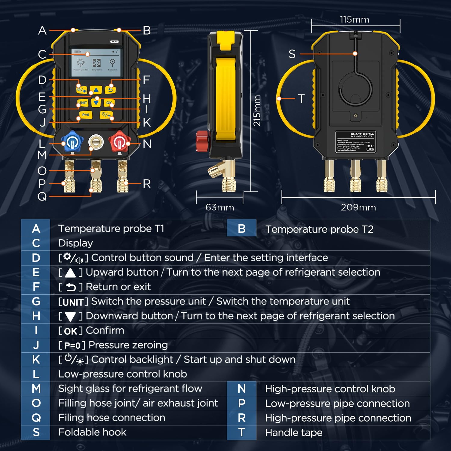 Colector digital inteligente, LM160 AC Manifold, manómetros de colector HVAC y refrigeración con modo de evacuación, modo refrigerante y prueba de fugas de presión
