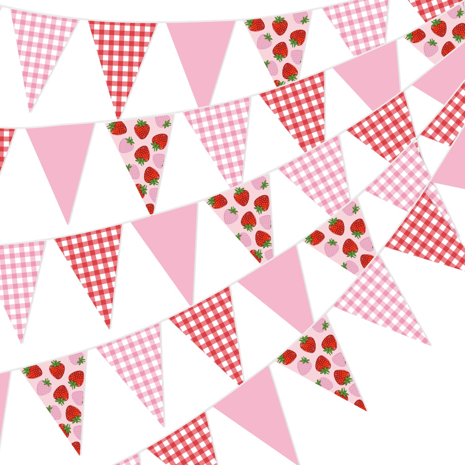 5 Pack Strawberry Banner Berry Party Decorations Pink and Red Plaid Triangle Flags Berry Garland Bunting for Strawberry Themed Birthday Party Wedding Baby Shower Hanging Supplies