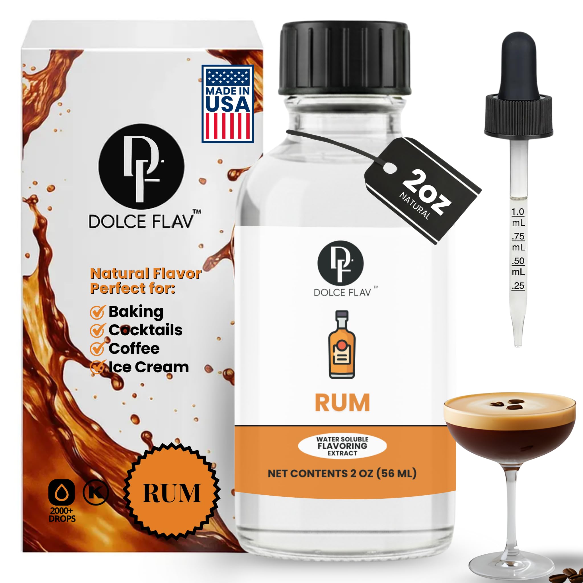 Dolce Flav Natural Rum Extract – 2 Ounce Water-Soluble Kosher, Sugar-Free, Concentrated Dark Rum Flavoring for Baking, Cocktails & Desserts, Includes Measured Dropper