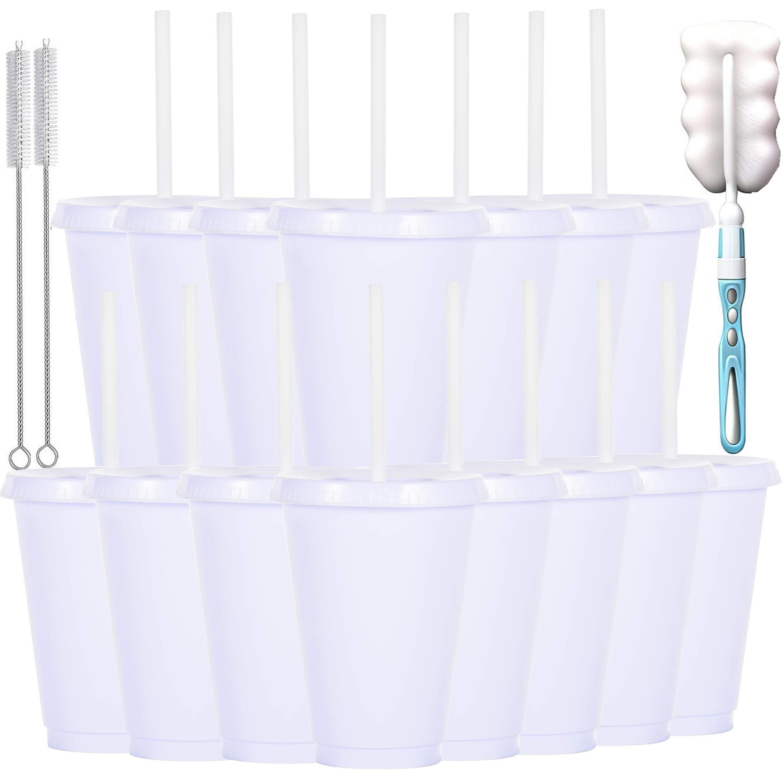 Lot de 15 gobelets pour enfants, avec couvercles et paille, en plastique, 486 ml, pour les fêtes, le camping, les voyages, blanc