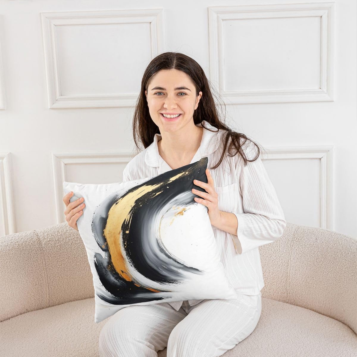 Homewish Abstract Waves Throw Pillow Covers (Pack of 1),Black Gold Graffiti Cushion Cover for Girls Boys Teens Geometric Striped Pillow Cases Modern Luxury Living Room Sofa Bed Decor,16" Lx16 W image 2