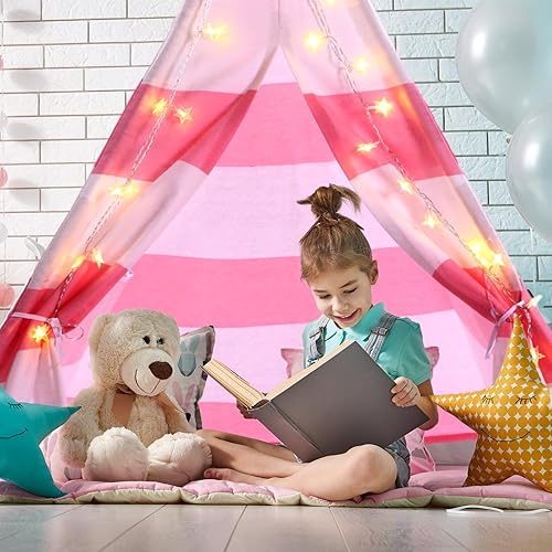 Miniatura 5 de Juego de 4 tiendas de campaña para niños con cadena de luz de estrella de 20 pies, tienda de campaña plegable de tela de algodón para niños, regalo