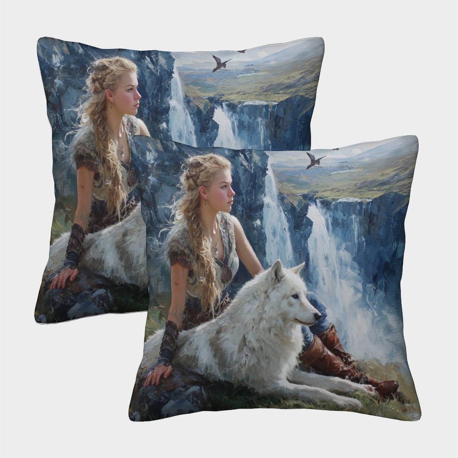 kaiyun 2 Pack 50x50cm Pillow Cases,Viking Woman And White Wolf, Valley Waterfall Decorative 3D Printed Cushion Cover,sofa Bed Decorative Cushions