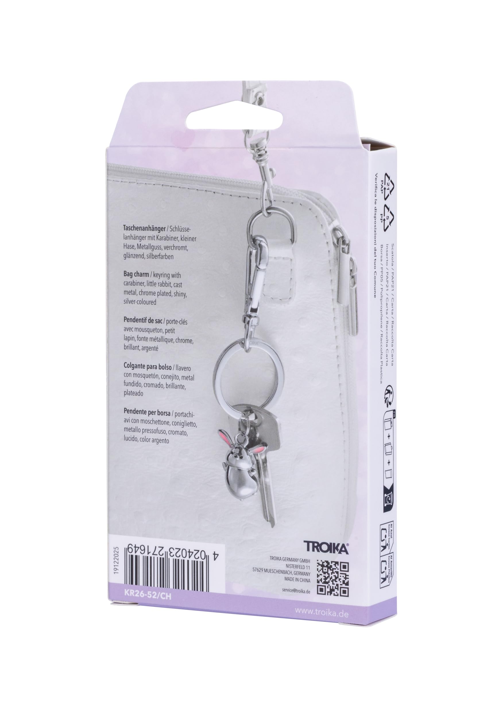 TROIKA Breloczek do kluczy zając TINY Rabbit metalowy z karabińczykiem mały zając z odlewu metalowego chromowany w kolorze srebrnym jako prezent na Wielkanoc dla miłośników zajączków