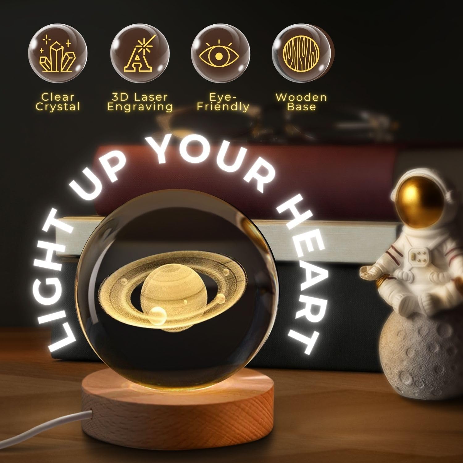 Flexzion 3D Saturn Crystal Ball Night Light - LED Light Hologram Glass Lamp w/Solid Wood Base, USB Powered Crystal Ball Lamp w/Adjustable Brightness for Home Decor Display Gift, 3.15 inch (80mm) image 3