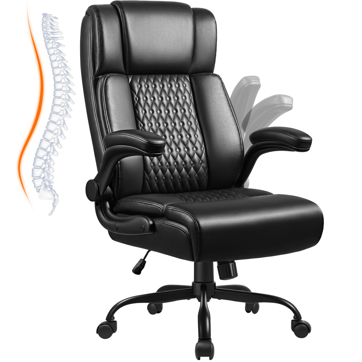 Waleaf Chefsessel Bürostuhl aus Leder, Ergonomischer Bürostuhl mit Hoher Rückenlehne und Verstellbaren Armlehnen, Belastbar bis 150 kg, PC-Stuhl mit Rollen für Büro und Homeoffice, Schwarz
