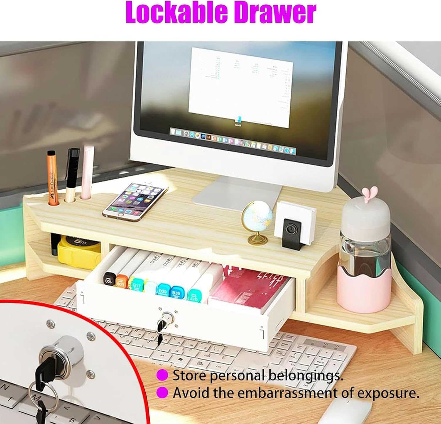 Ergonomic Corner Monitor Stand Riser, Wooden Desktop Corner Shelf with Cup Holders & 2 Tiers Storage, Triangle Screen Riser for Printer Pc