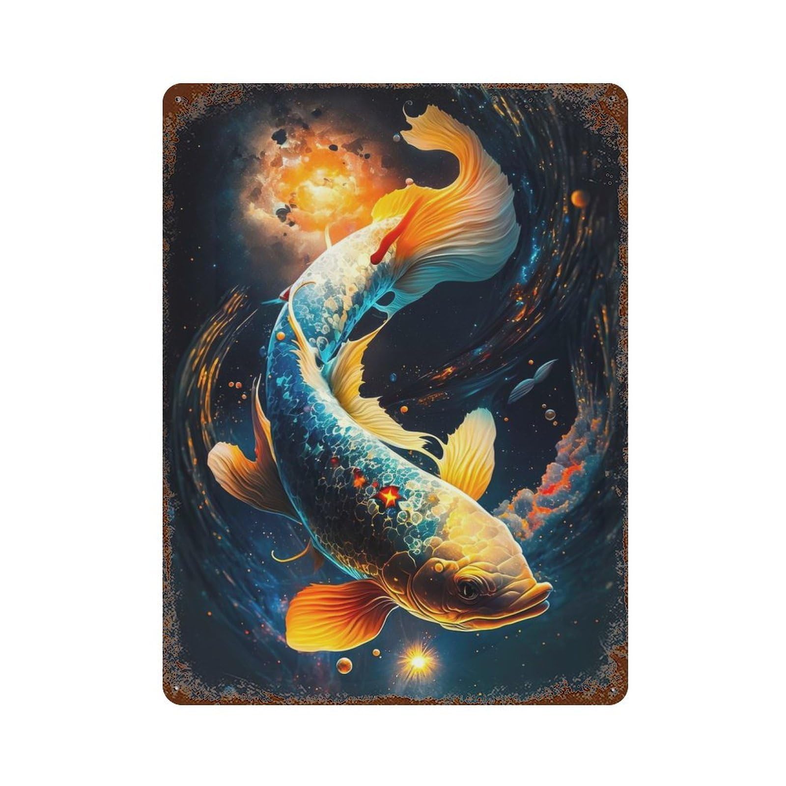 Cosmic Koi 3 Rust Effect Tin Sign 15.7"x11.8", Old School Wall Decor for Living Room, Hallway And Home Decor
