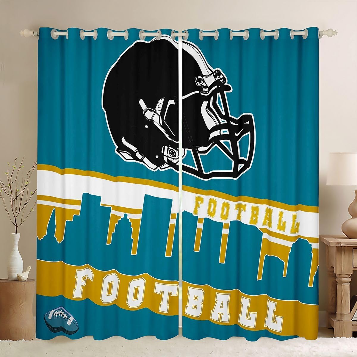 Erosebridal Football Curtains 38" Wx54 L, 2 Panels Football City Blackout Curtains Kids Teal Football Fans Curtains & Drapes Rugby Game Sports Ball Competition Window Curtains