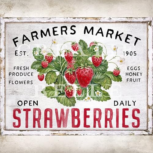Modern Farmhouse Decor Chippy Tin Sign Strawberry Sign Farmers Market Country Fruit Sign Wreath Sign Making Summer Fruit Sign Educational Art Posters Metal Tin Sign Courtyard Wall Decor 12x16 Inch