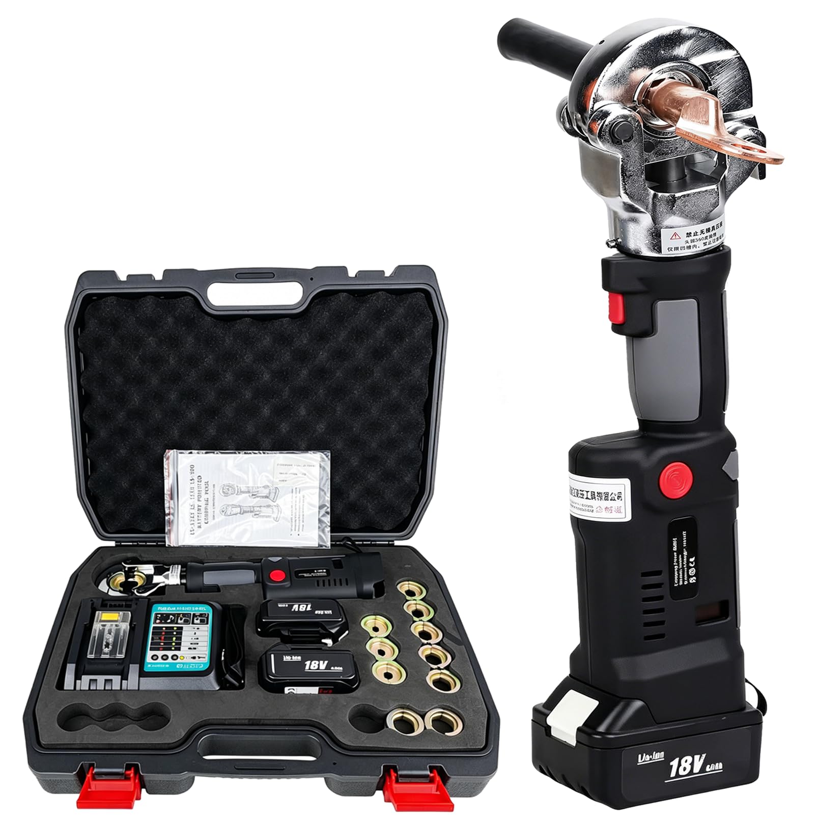 DmqChry Electric Hydraulic Cable Lug Crimping Pliers, 6AWG-600MCM Rechargeable Hydraulic Crimping Tool, 6 Ton Terminal Cable Wire Fiber Crimper with 11 Dies, 2X4 Ah Battery, for Cu/Al Terminal