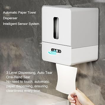 Automatic Paper Towel Dispenser Touchless, Smart Wall Mount Roll Paper Holder, Electric Motion Sensor Hand Towel with Night Light for Kitchen Bathroom (Gray)