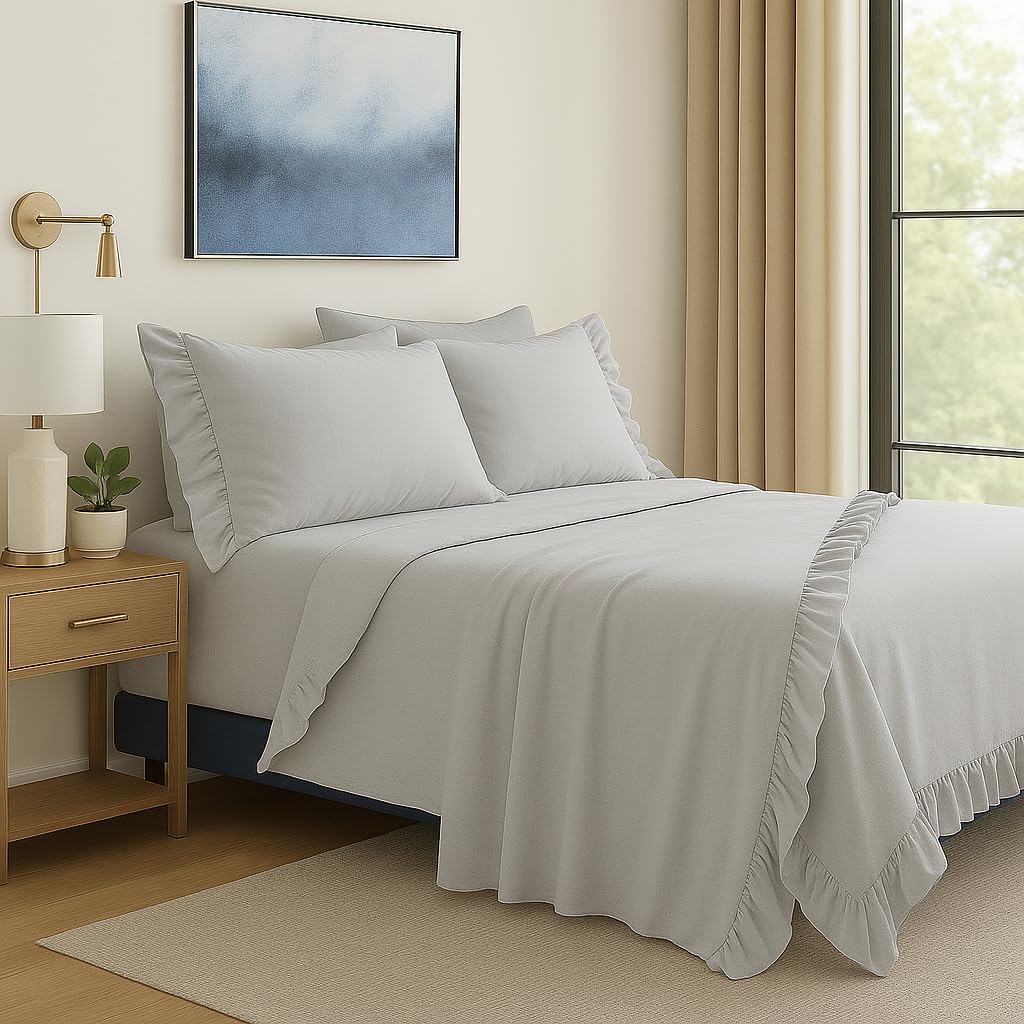 Masters House Biancheria per la Casa, Set Lenzuola Matrimoniale in Cotone 100% con Volant, 290x250 cm (Grigio, Matrimoniale)