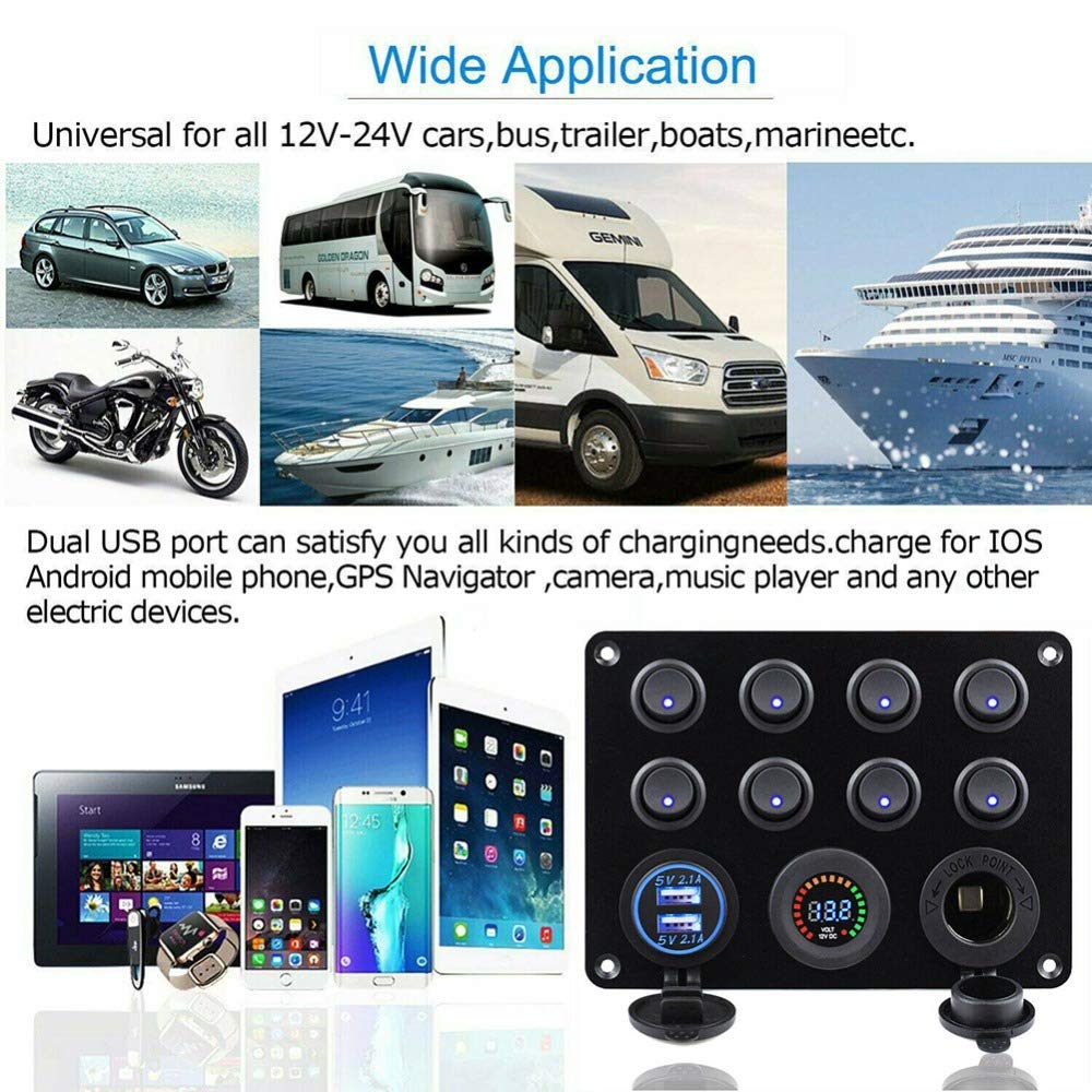 12-24V 8 Gang Toggle Switch Panel Dual USB Socket Charger Red LED Voltmeter 12V Power Outlet for Car Boat Marine RV Truck