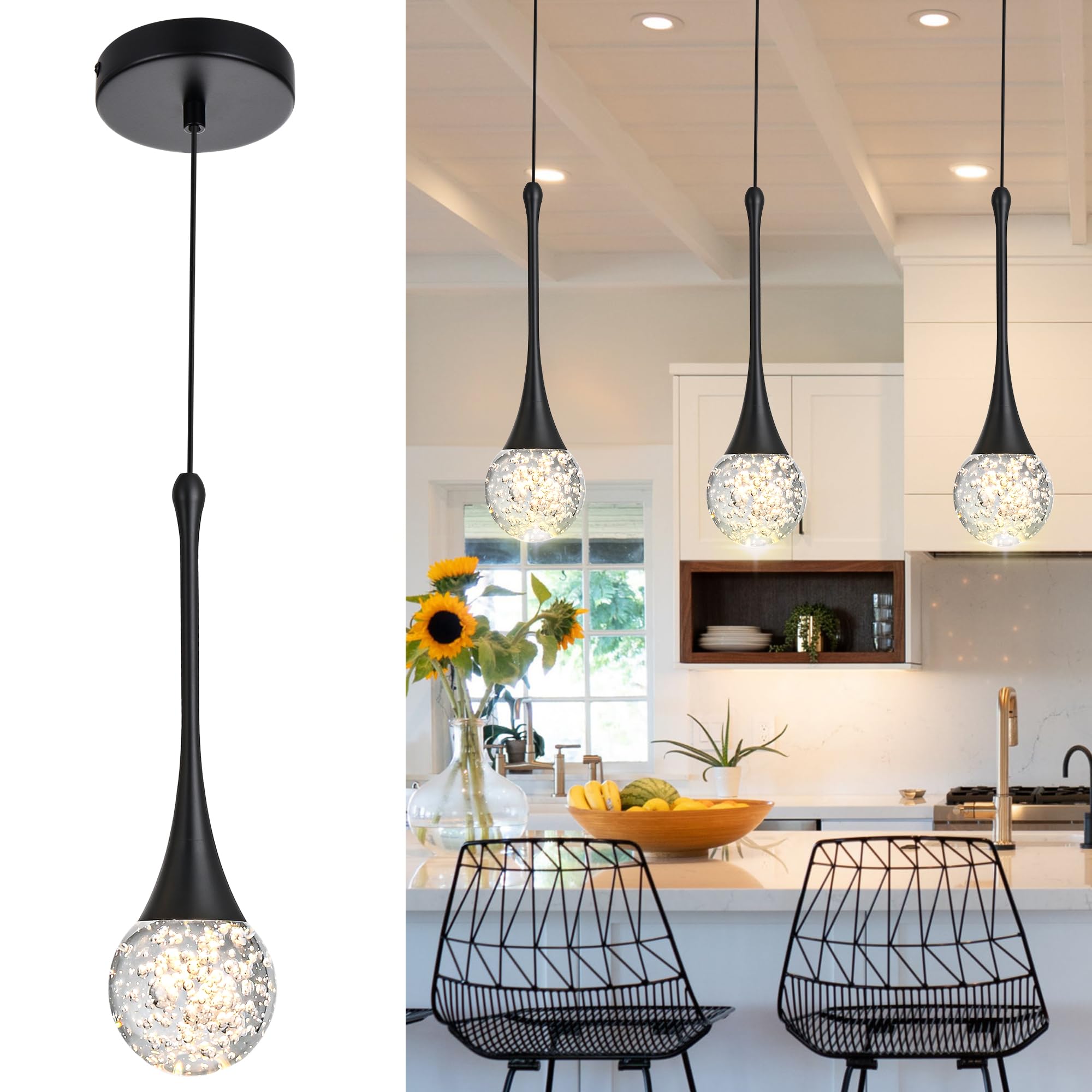VINLUZ 3-Light Modern Black Crystal Chandelier Dimmable LED Bubble Raindrop Pendant Lighting Fixture Luxury Elegant Adjustable Spiral Ceiling