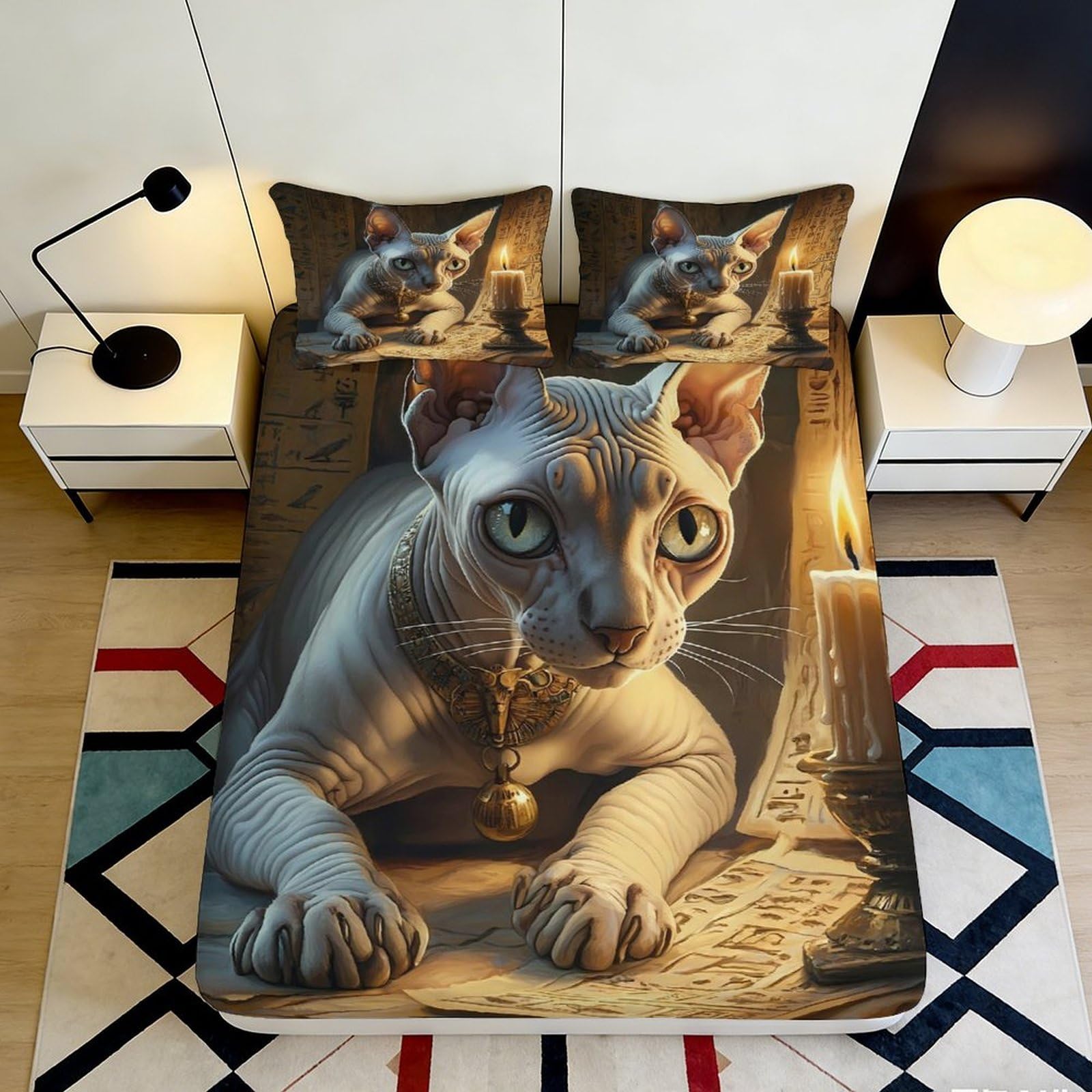 3D Printed Sphynx Cat Fitted Sheet Microfiber Soft Durable Egyptian Style Bed Cover for Bedroom Dormitory Guest Room Protection and Decoration 160x200x25cm
