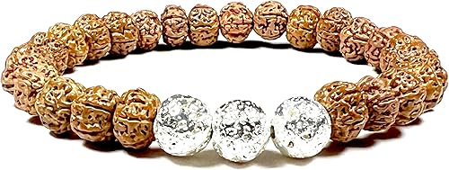 Miniatura 3 de Rudraksha - Pulsera elástica de cuentas de Chikna Rudraksh de 0.315 in con cuentas de lava pulidas en tono plateado