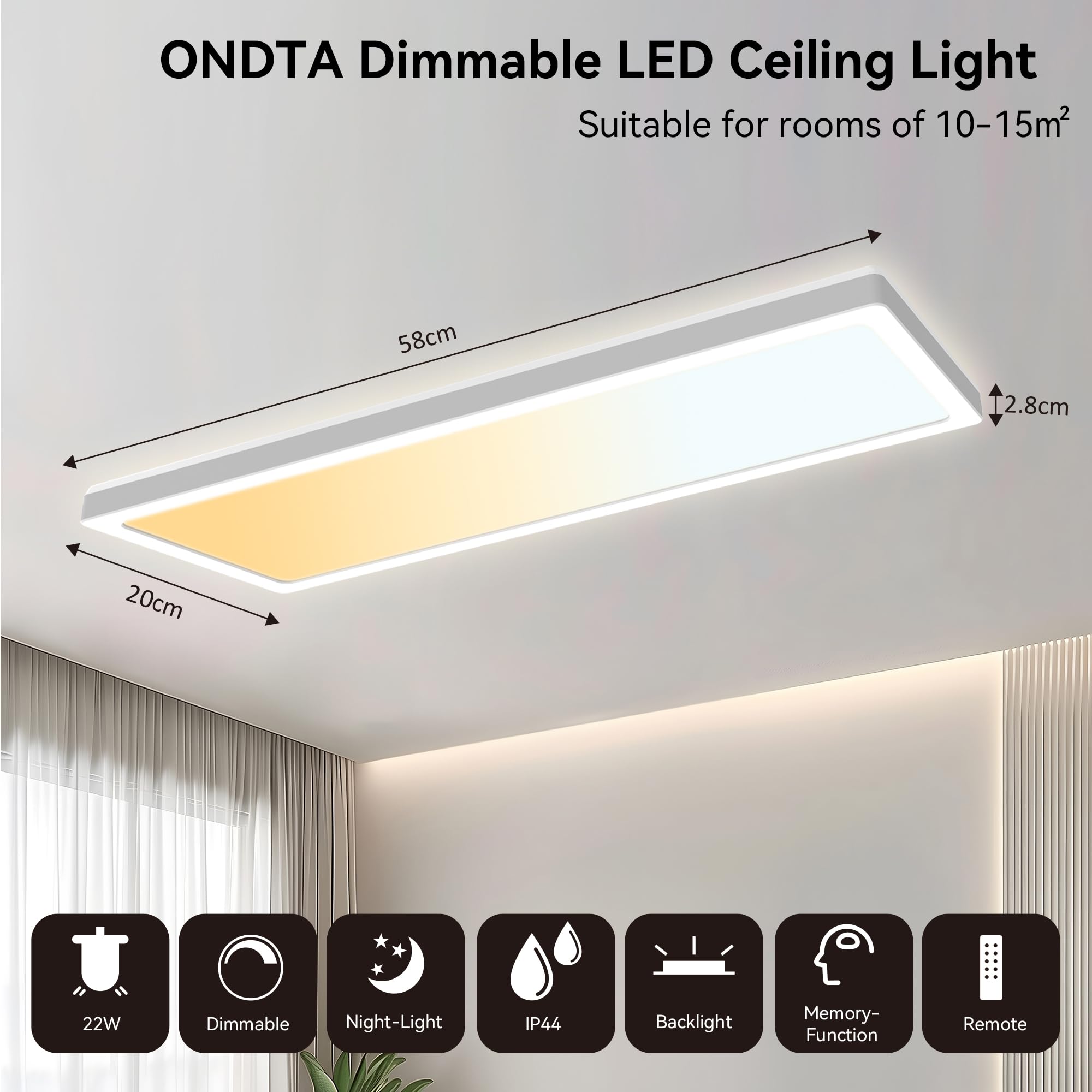 ONDTA Plafón LED Techo 22W 58x20cm 2700K-6500K Regulable Lampara Techo, Moderna Rectangular lámpara de techo con mando a distancia, Panel LED ultrafino IP44 para Dormitorio Cocina Baño Balcón Pasillo