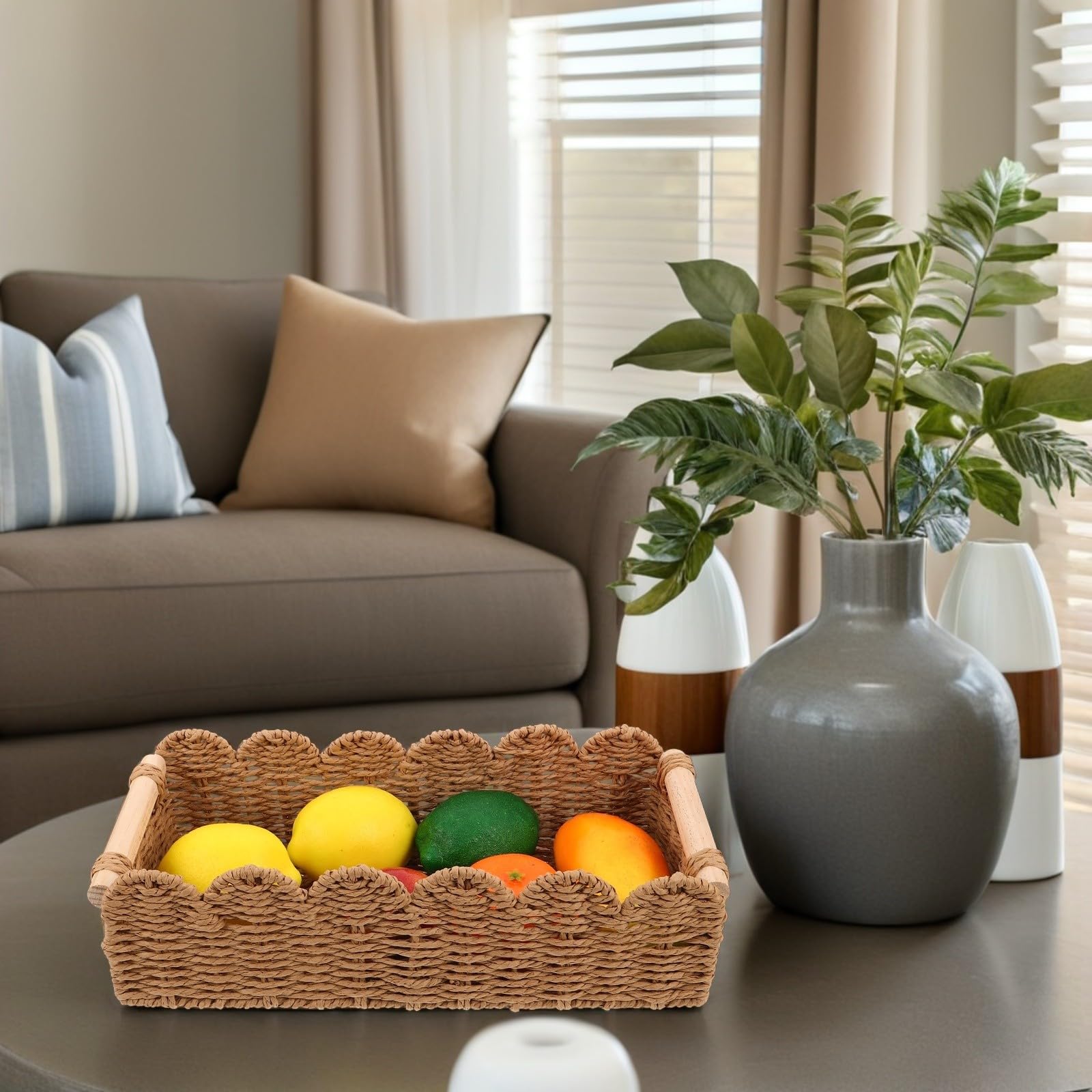 PACKOVE 2 Piezas Cesta de Almacenaje Tejida a Mano para Papel Higiénico, con Mango de Madera, Borde Festoneado, Marrón, Fibra de Papel y Madera, Transpirable, para Estante de Dormitorio