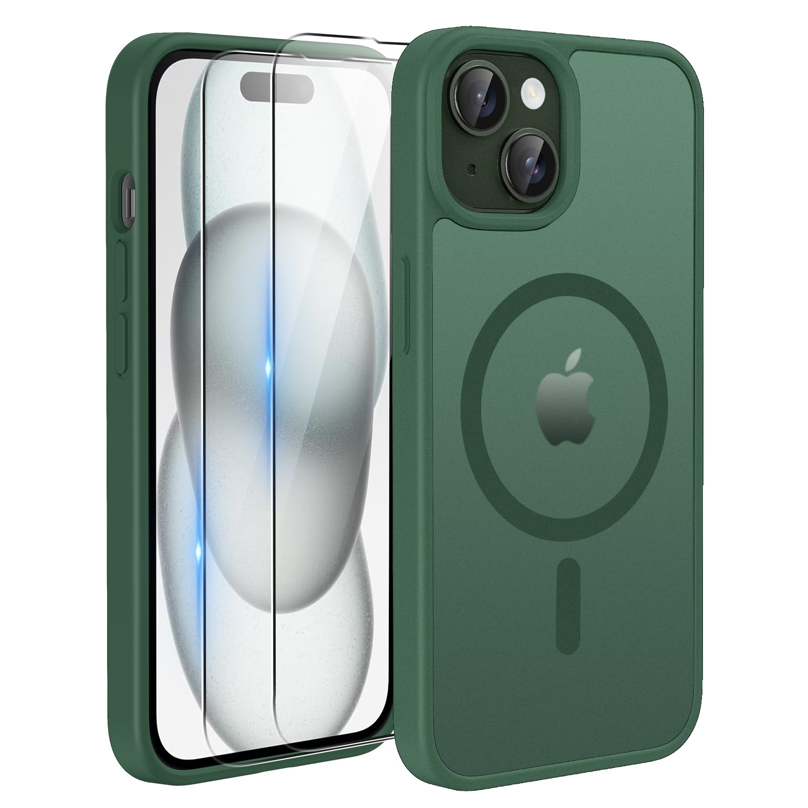 TQIAHF Cover Custodia Magnetica per iPhone 15, Verde | 2 Pellicola Vetro Temperato Protezione Schermo Compatibile con Magsafe Militare Antiurto Sottile Opaca Telefono Case