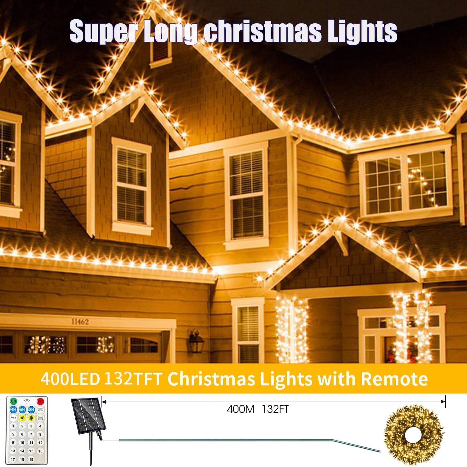 Amzxart Catena di luci solari per esterni, 400 LED, 42 m, per esterni, a energia solare, 19 modalità, per esterni, IP65, impermeabile, per balcone, giardino, feste (bianco caldo)