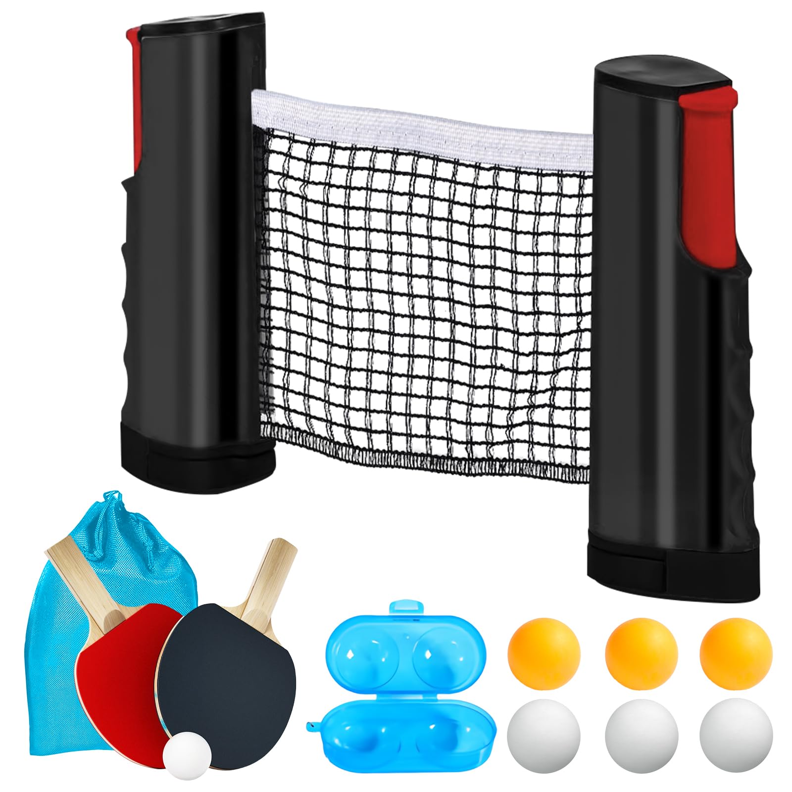 Ensemble de raquettes de tennis de table professionnelles : 2 raquettes de tennis de table + filet rétractable + 6 balles de tennis de table + 1 sac de transport + 1 boîte à balles, ensemble de