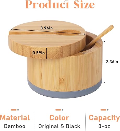 Miniatura 2 de Bodega de sal de bambú con tapa y cuchara, caja de sal gris, fácil de distinguir especias en el tazón, recipiente de sal con tapa giratoria
