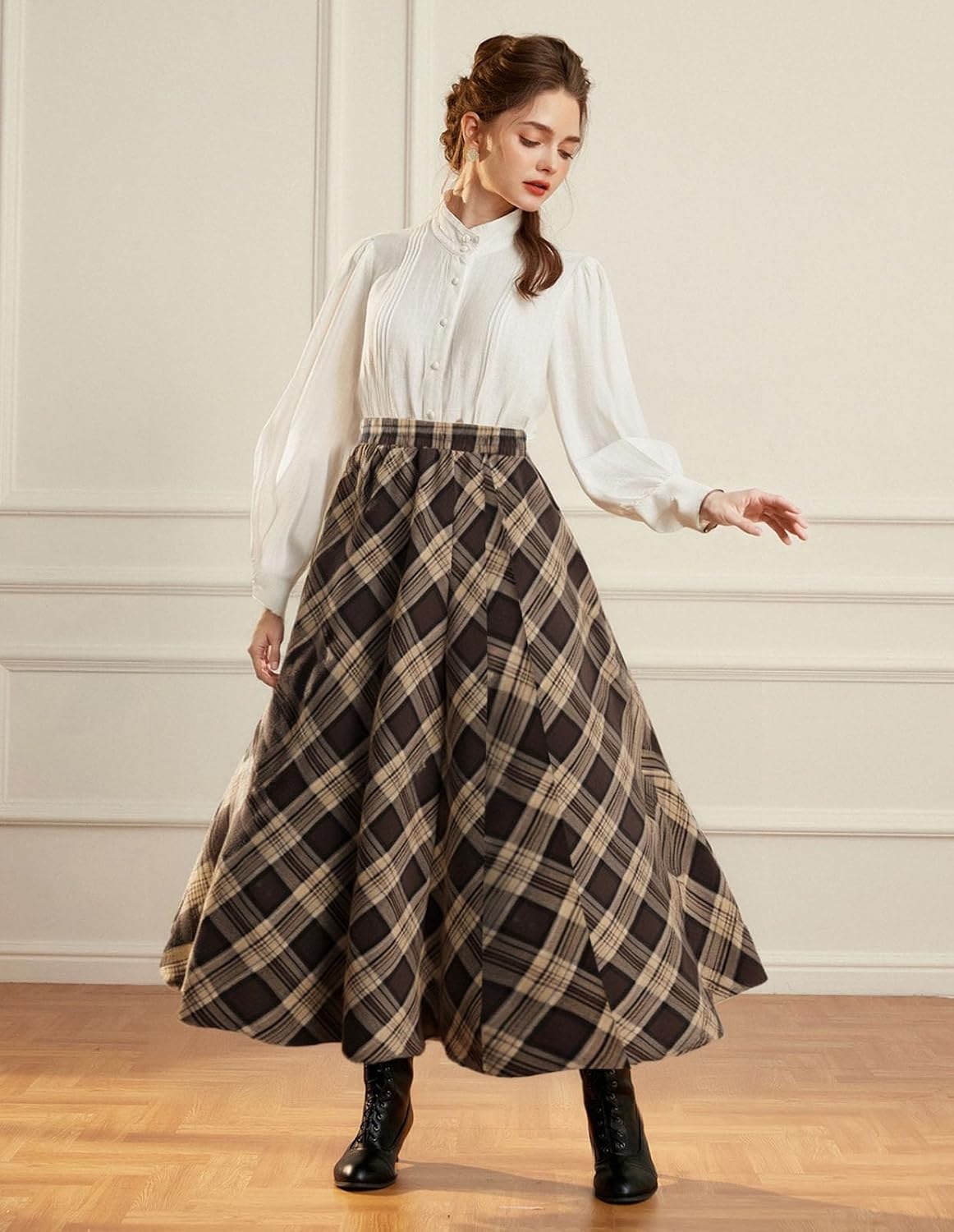 Scarlet Darkness Long Plaid Skirts for Women High Waist A Line Pleated Fall Maxi Skirts - Image 3