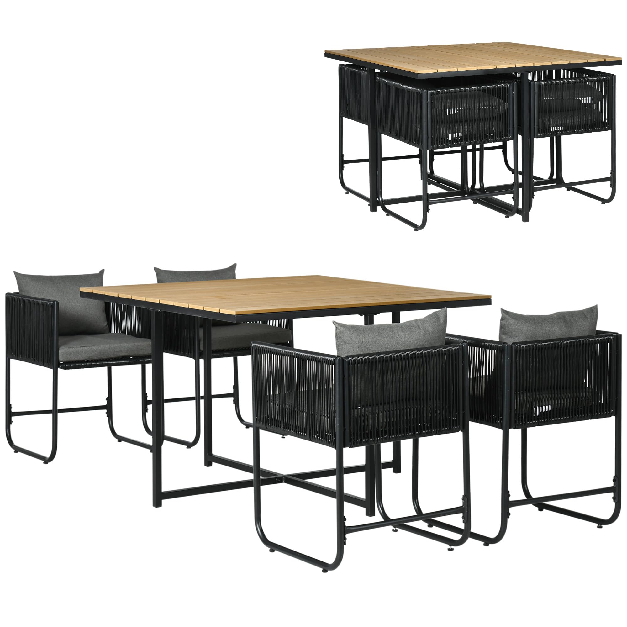 Outsunny Conjunto de Jardín Exterior de Ratán Sintético Juego de Muebles de Jardín para Exterior de Ratán de 5 Piezas con Mesa Cuadrada 4 Sillas Cojines Negro y Natural